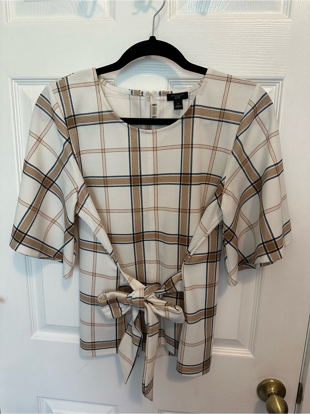 Ann Taylor Factory Cream Plaid Tie-Front Blouse